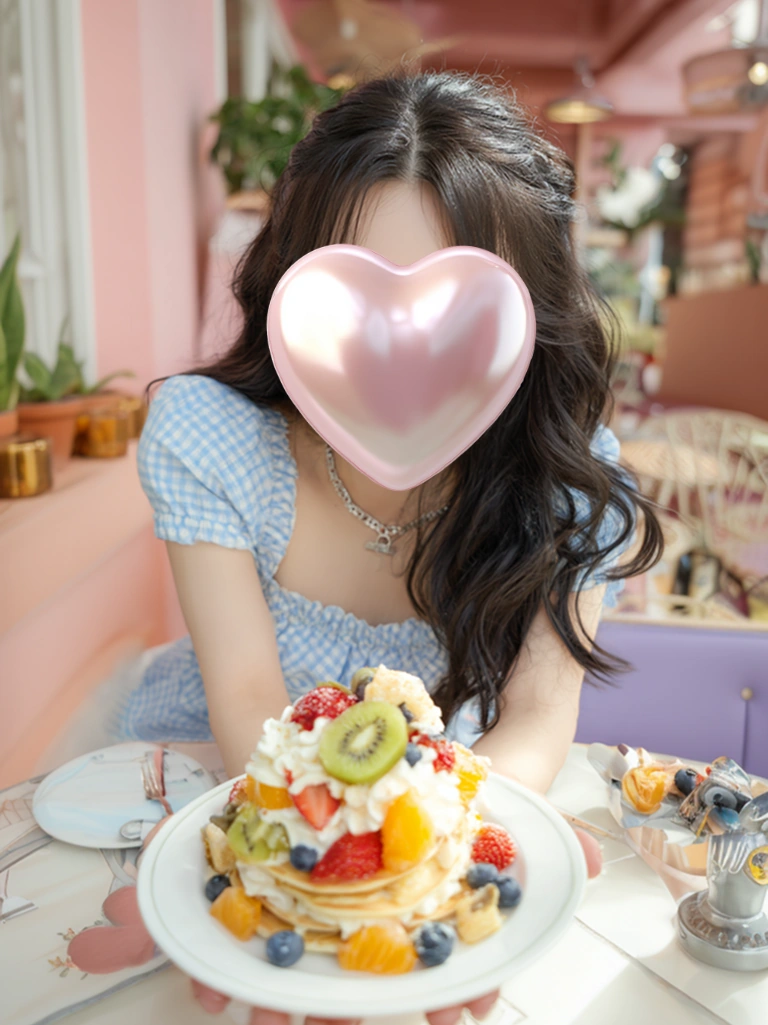 カフェの人物写真へピンクのぷっくりハートを重ねた顔隠し加工の作例