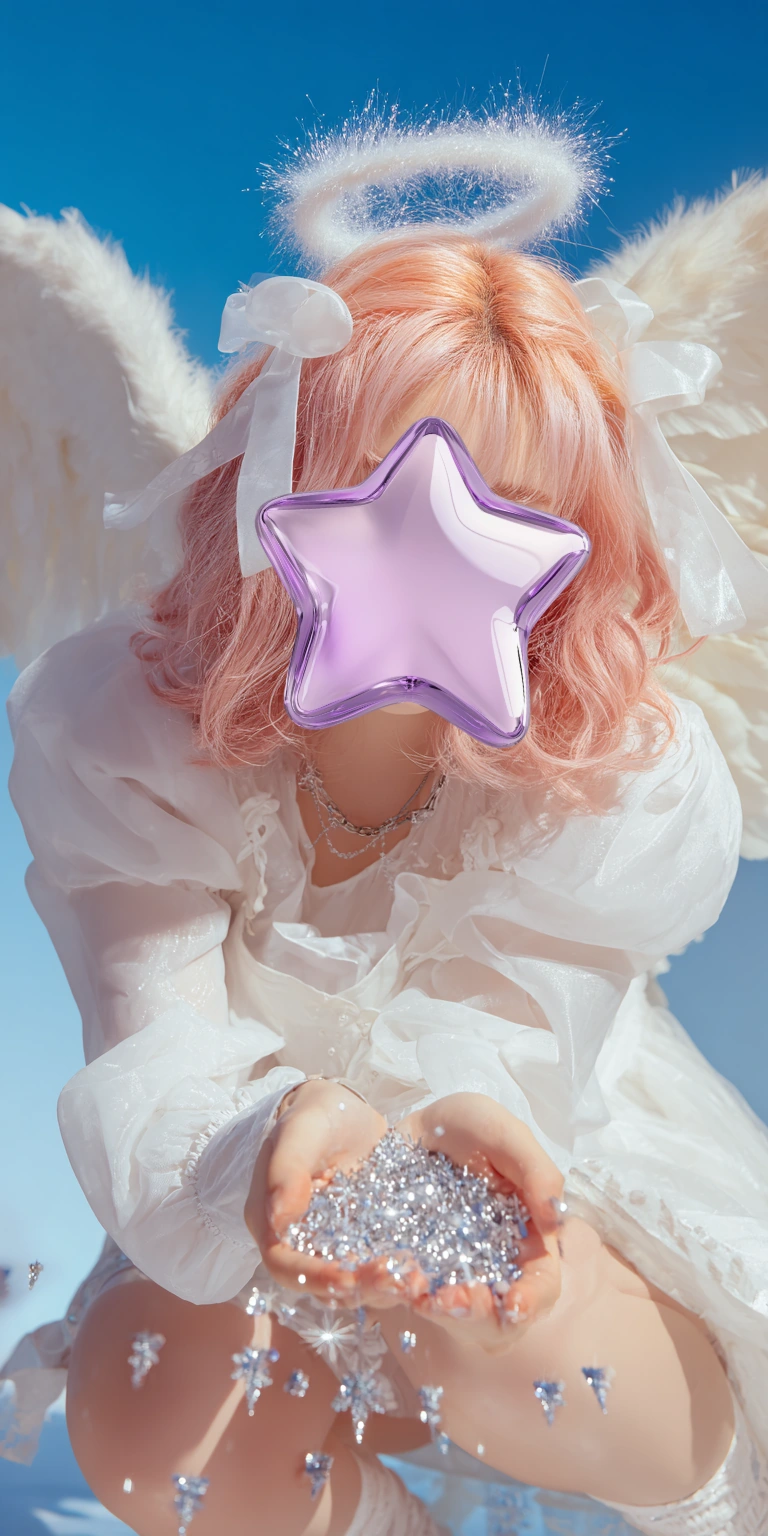青空を背景にした人物写真へ紫のぷっくり星を重ねた顔隠し加工の作例