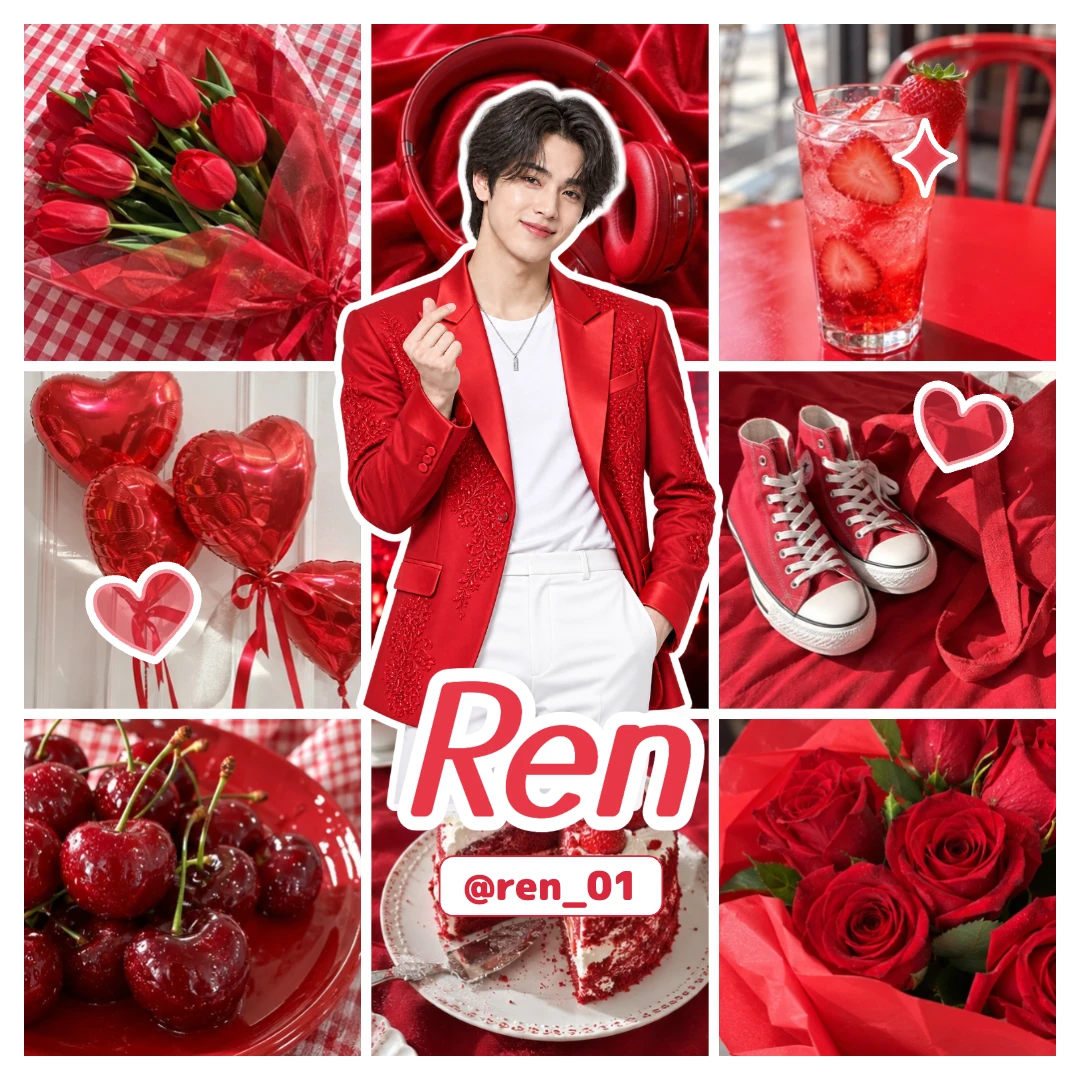 王道9マスで写真と推しの切り抜き、名前・IDを重ねたタグ画。Ren × レッドの作例