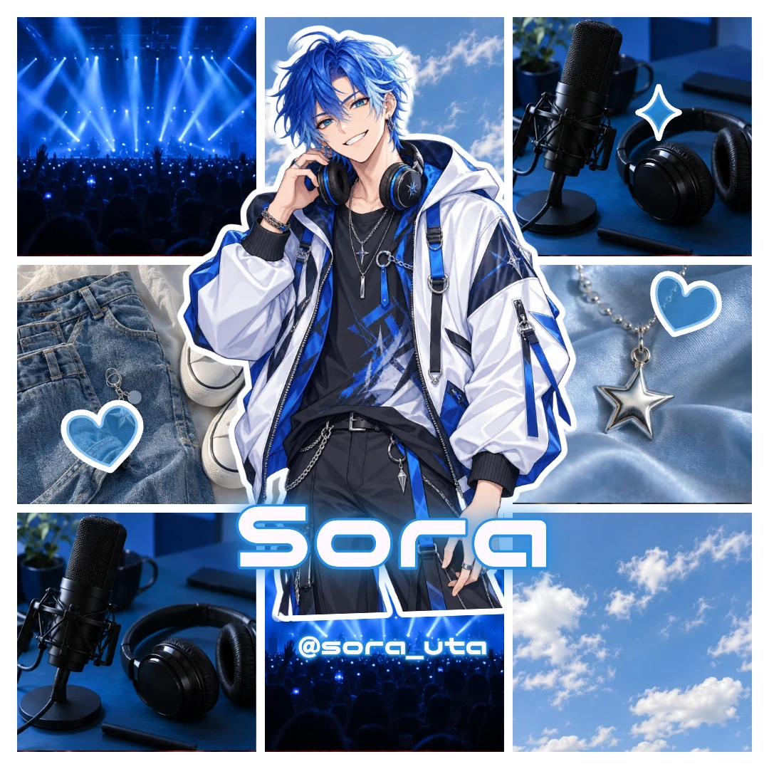 センター切り抜きで写真と推しの切り抜き、名前・IDを重ねたタグ画。Sora × ブルー・ネオンの作例