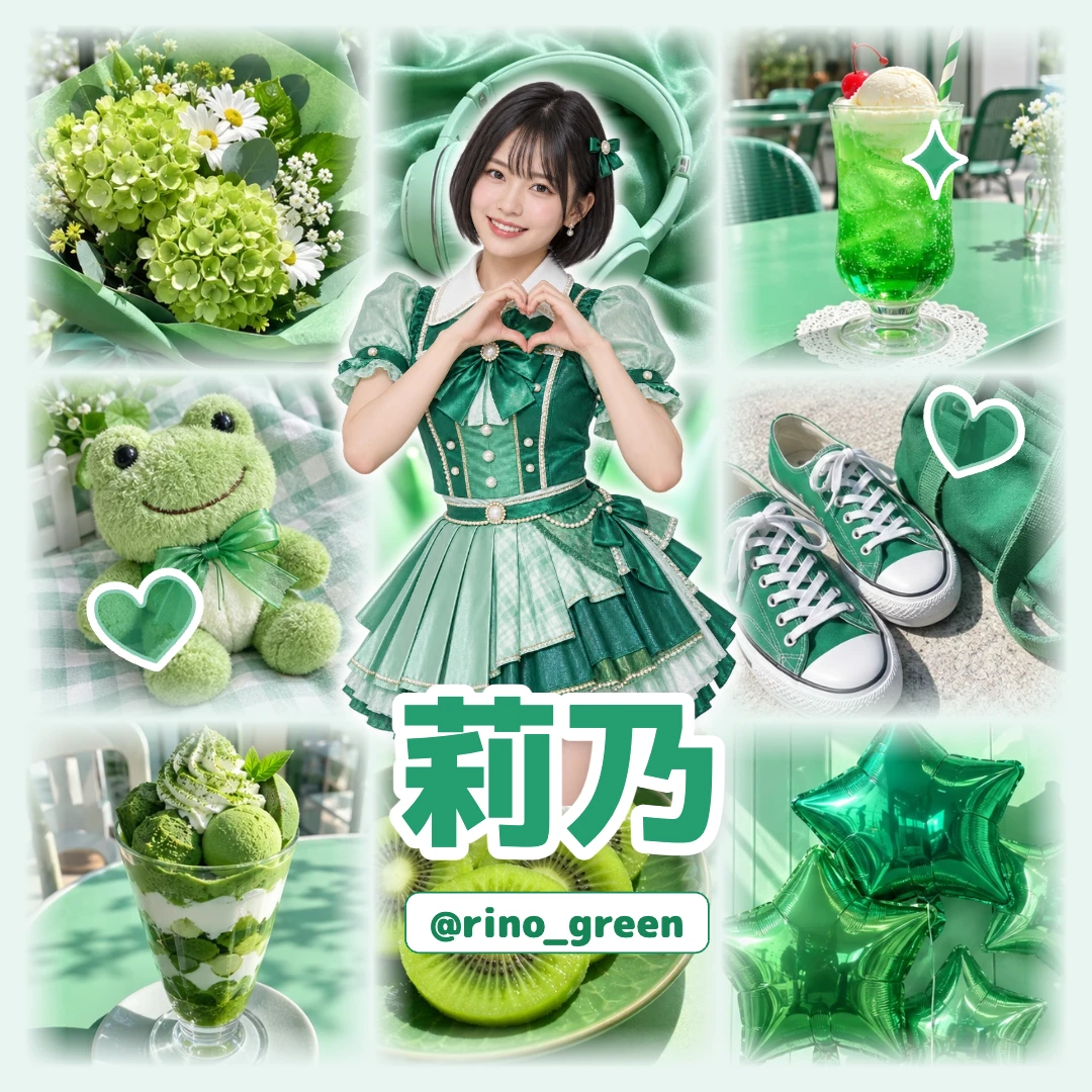 ふわぼか境界で写真と推しの切り抜き、名前・IDを重ねたタグ画。莉乃 × グリーンの作例