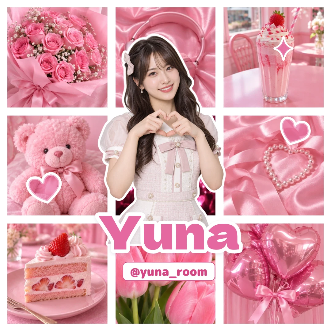 白線インスタ風で写真と推しの切り抜き、名前・IDを重ねたタグ画。Yuna × ピンクの作例