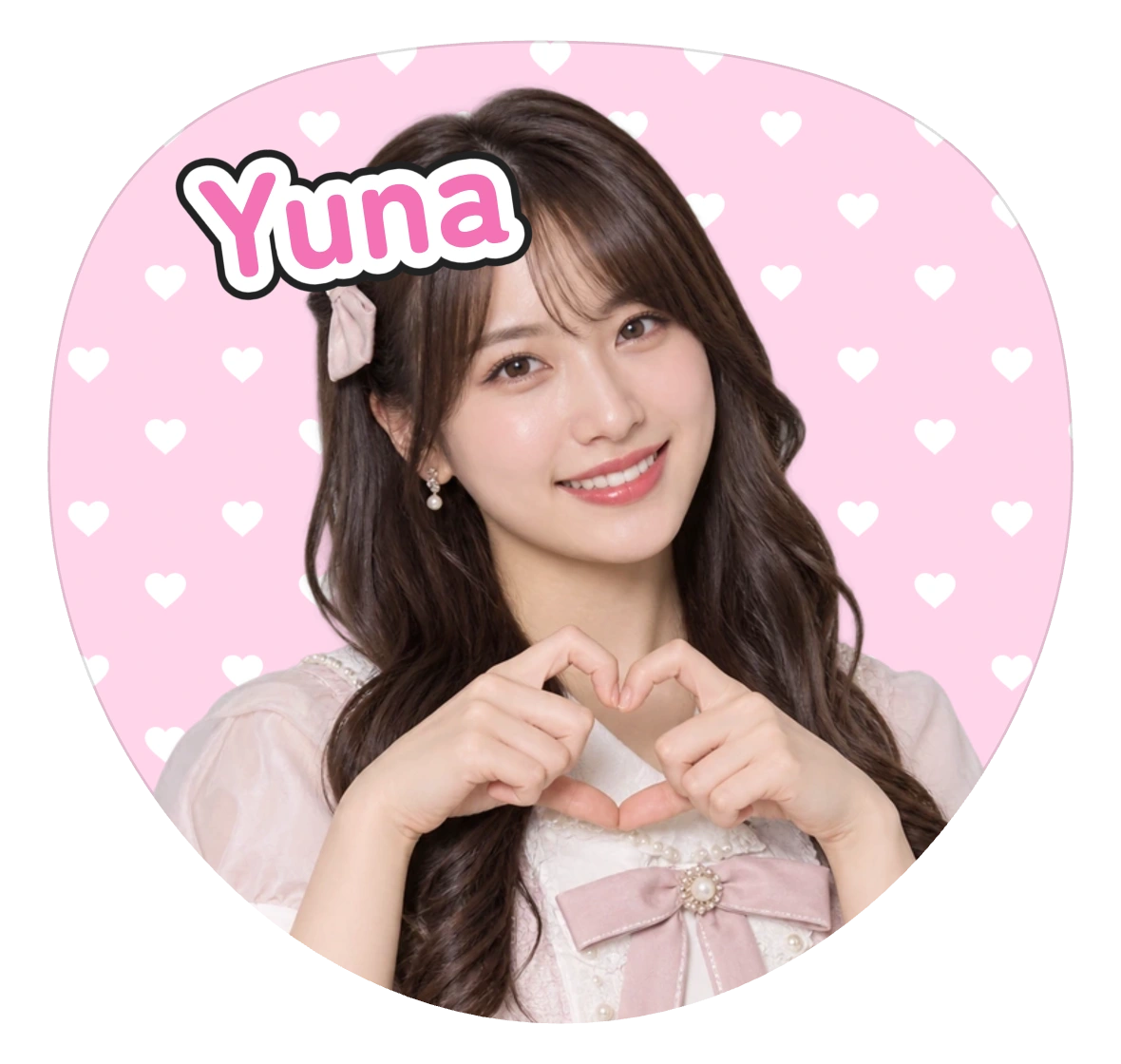 ピンクのハート背景と女性アイドル風の写真、Yunaの名前を重ねたデコうちわ